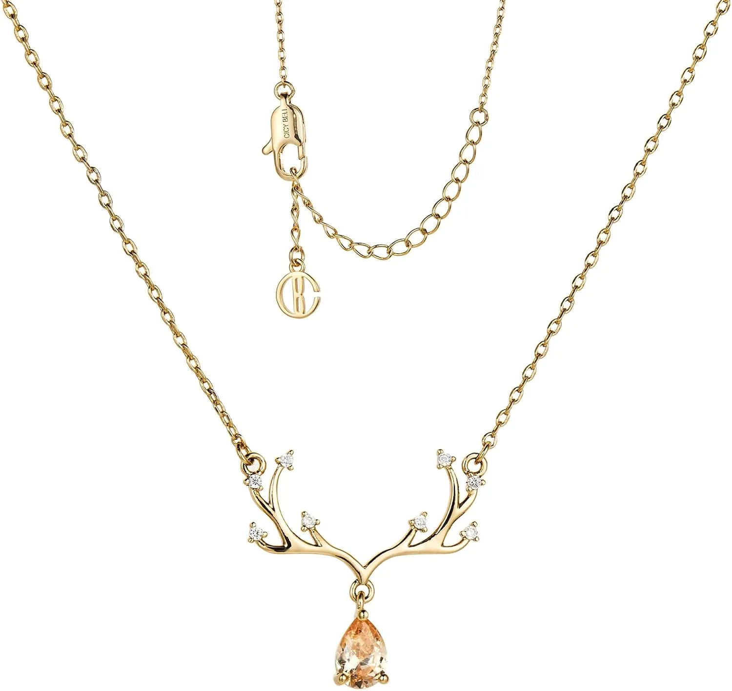 Cicy Bell 18k Gold Plated Christmas Necklace Reindeer Zircon Gemstone Pendant Necklaces 15" 2"