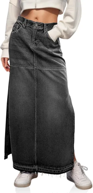 Cicy Bell Womens Long Denim Skirt Casual Frayed Raw Hem Side Split Vintage Jean Long Skirt with Pockets