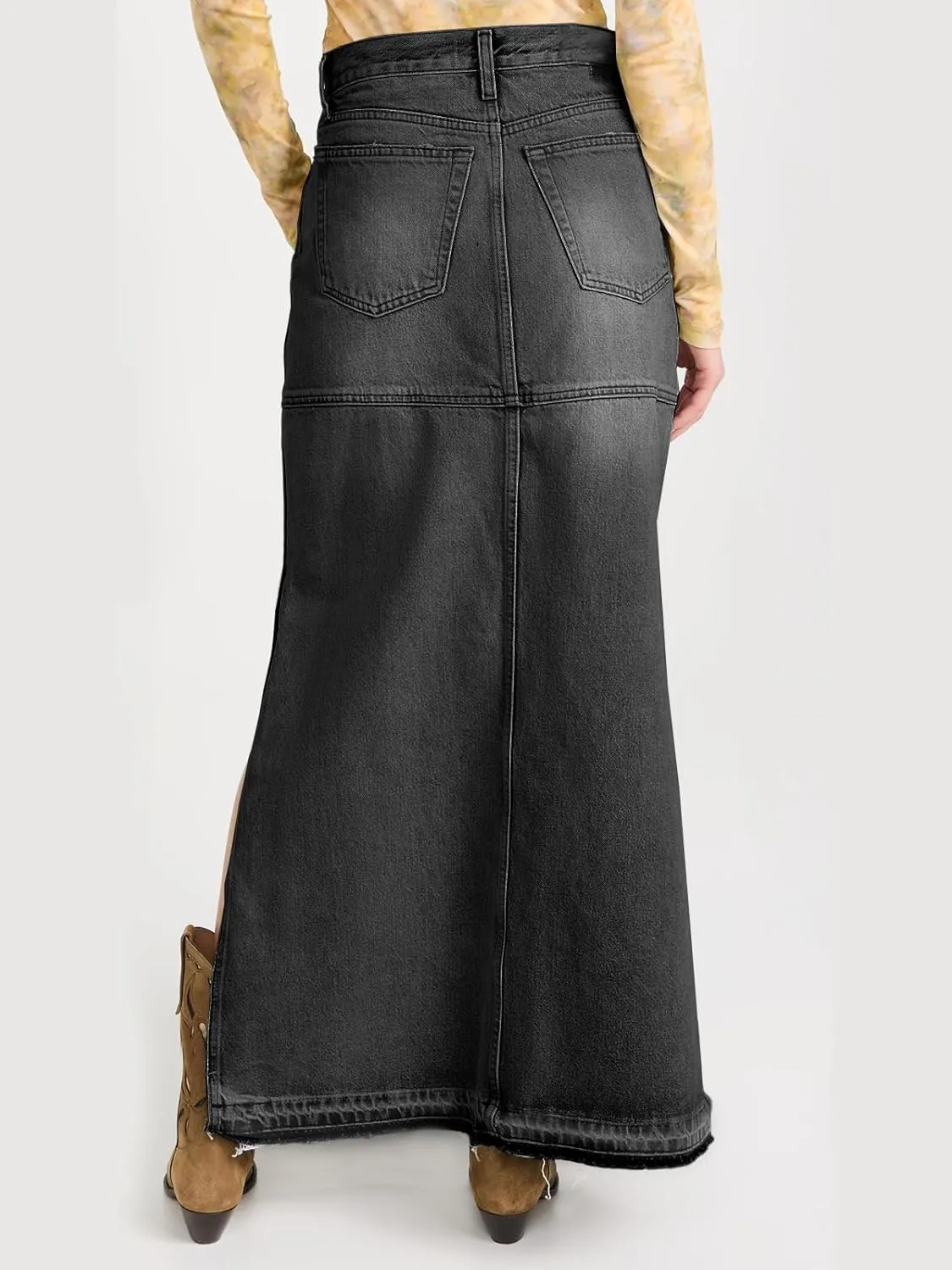 Cicy Bell Womens Long Denim Skirt Casual Frayed Raw Hem Side Split Vintage Jean Long Skirt with Pockets