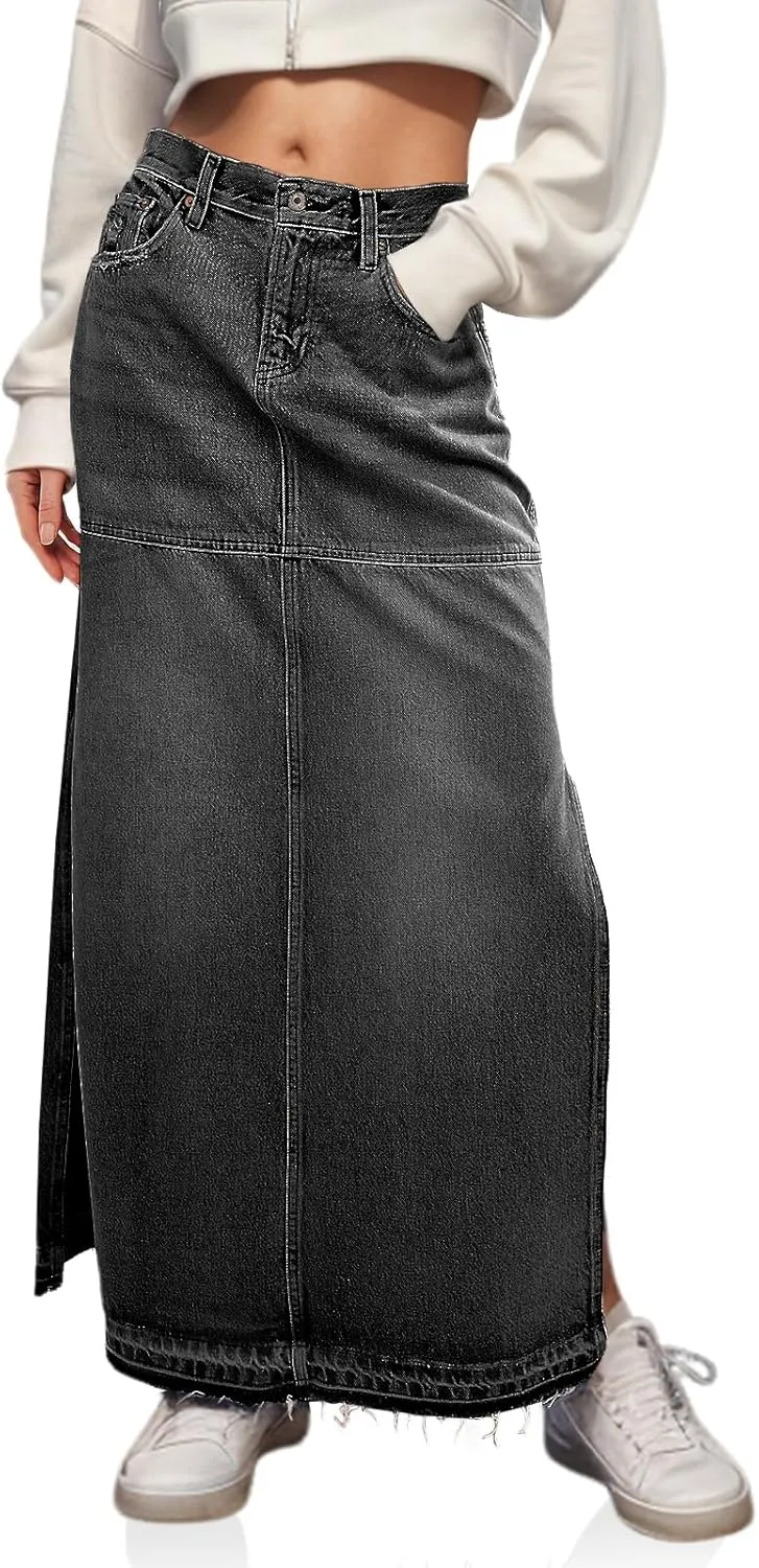 Cicy Bell Womens Long Denim Skirt Casual Frayed Raw Hem Side Split Vintage Jean Long Skirt with Pockets