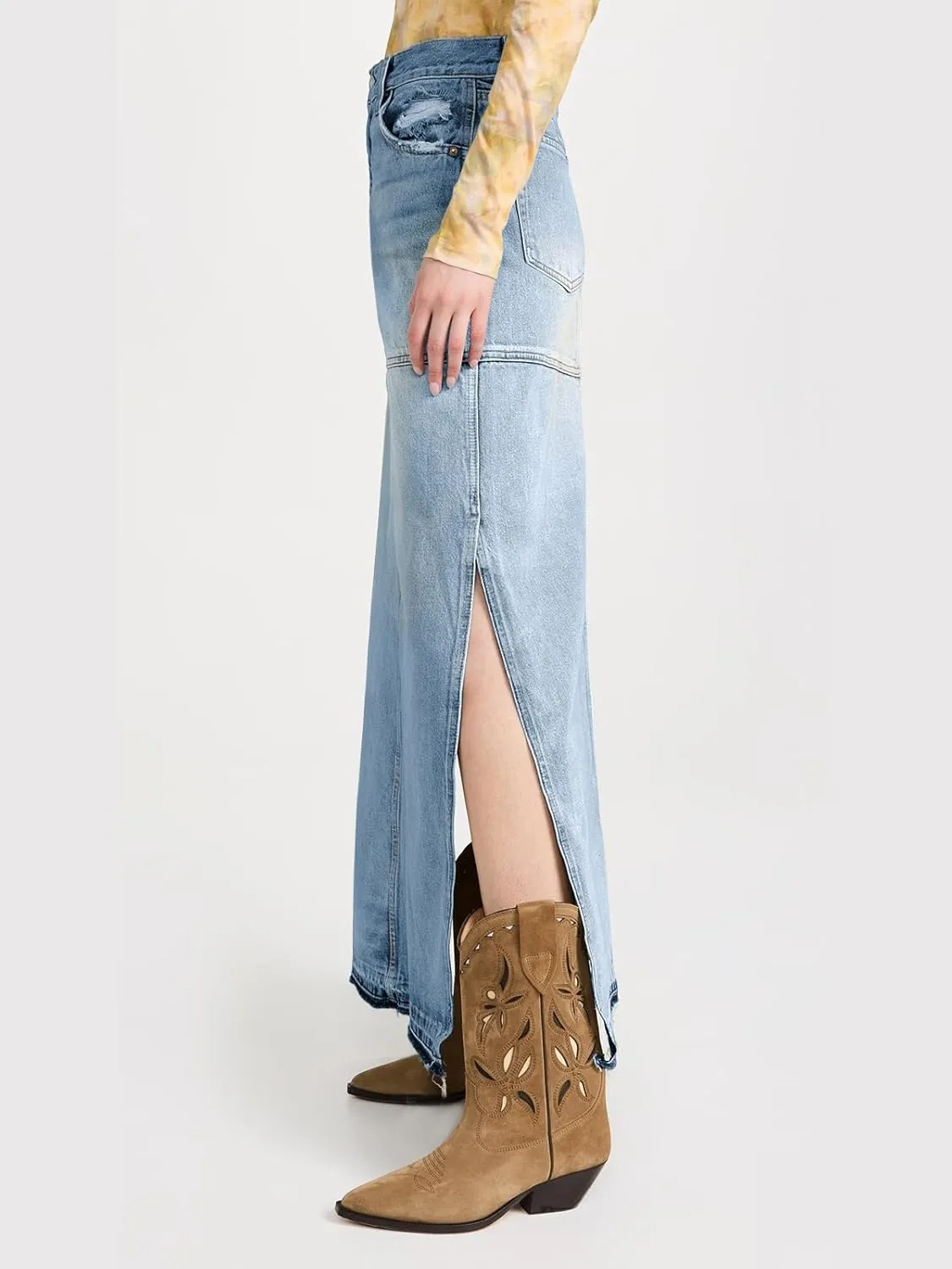 Cicy Bell Womens Long Denim Skirt Casual Frayed Raw Hem Side Split Vintage Jean Long Skirt with Pockets