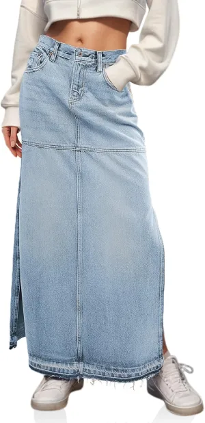 Cicy Bell Womens Long Denim Skirt Casual Frayed Raw Hem Side Split Vintage Jean Long Skirt with Pockets