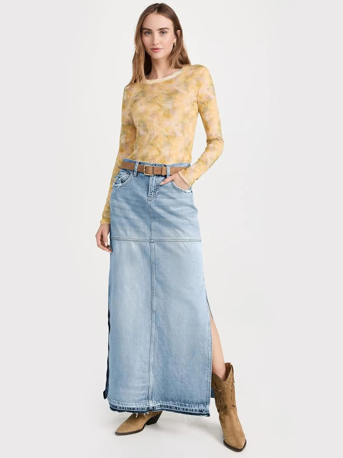 Cicy Bell Womens Long Denim Skirt Casual Frayed Raw Hem Side Split Vintage Jean Long Skirt with Pockets