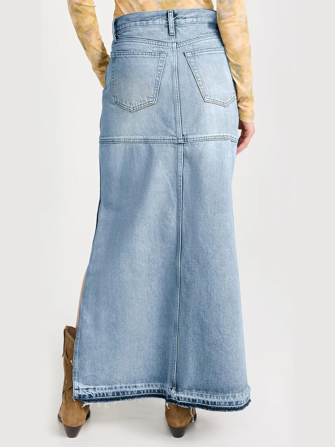 Cicy Bell Womens Long Denim Skirt Casual Frayed Raw Hem Side Split Vintage Jean Long Skirt with Pockets