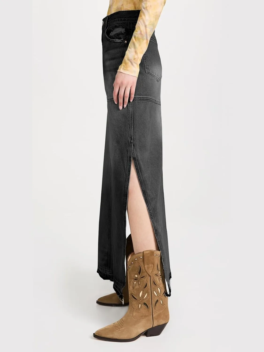 Cicy Bell Womens Long Denim Skirt Casual Frayed Raw Hem Side Split Vintage Jean Long Skirt with Pockets