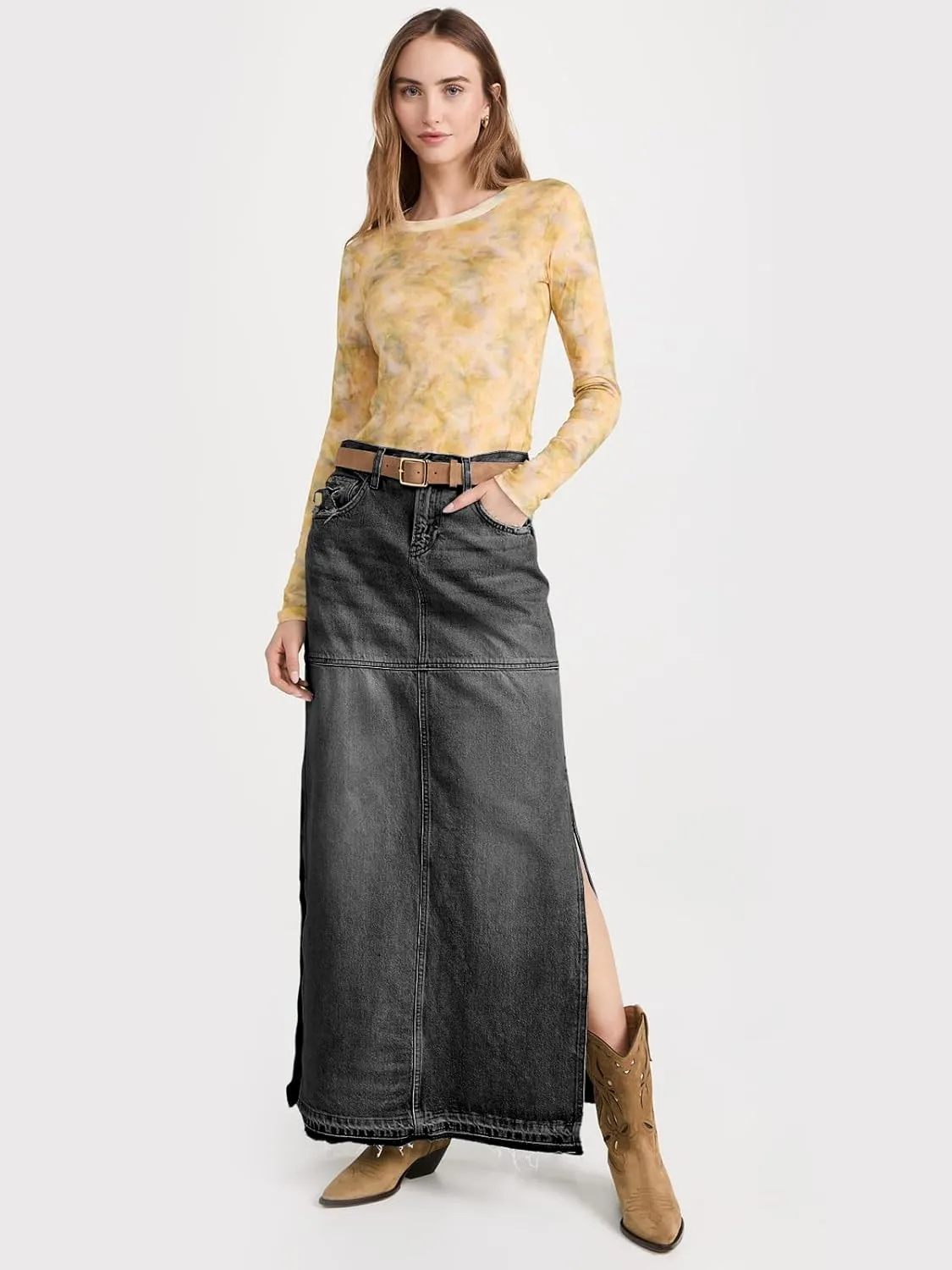 Cicy Bell Womens Long Denim Skirt Casual Frayed Raw Hem Side Split Vintage Jean Long Skirt with Pockets