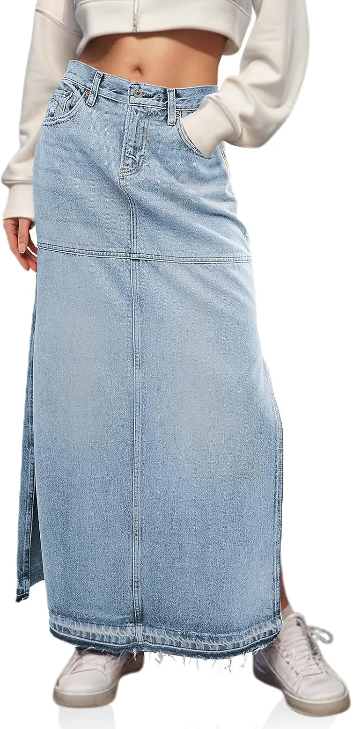 Cicy Bell Womens Long Denim Skirt Casual Frayed Raw Hem Side Split Vintage Jean Long Skirt with Pockets