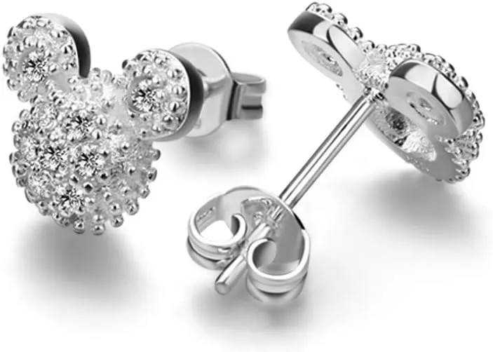 Classic Adults Women's 100% 925 Silver Earrings - Matte Mickey Stud Earrings - Italian Silver for female - Not Allergic Jewelry - 0.3''0.4''