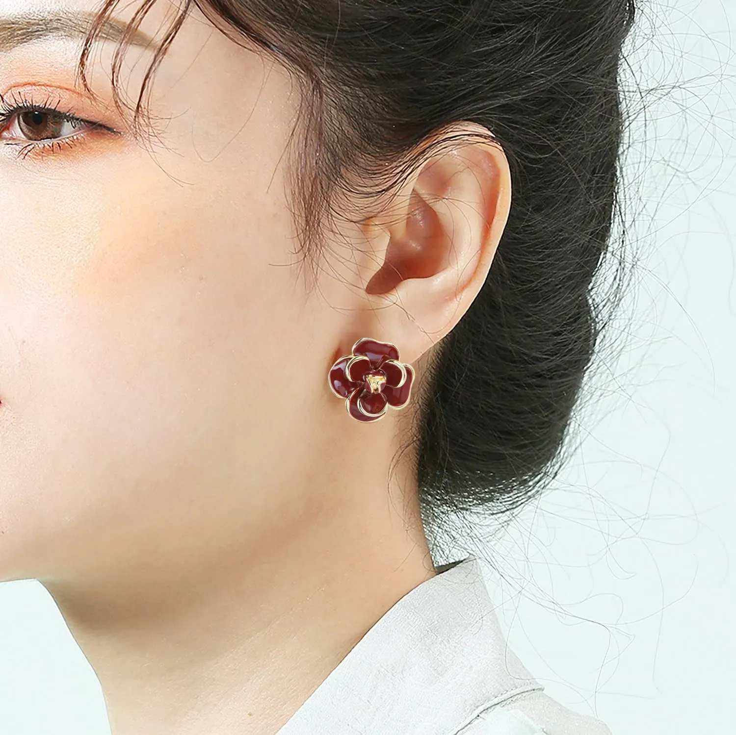 Classic Enamel Camellia Clip Earrings Elegant Flower Hypoallergenic Non Pierced Earrings 925 Silver Stud Earrings for Women Bridal