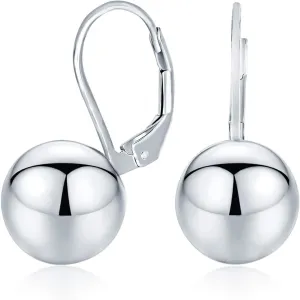 Classic Simple Basic Dangling Lever back Round Bead Ball Drop Earrings For Women .925 Sterling Silver 10MM