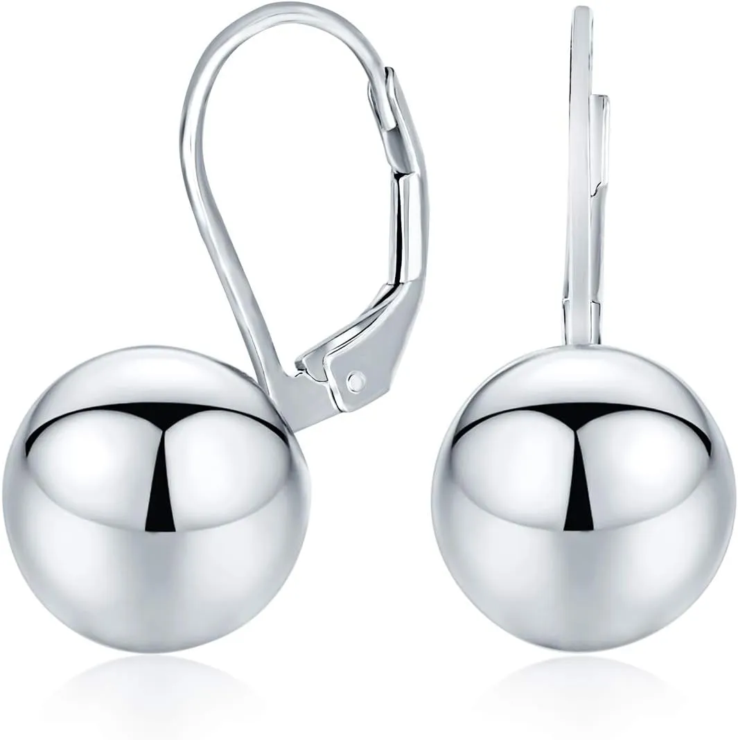 Classic Simple Basic Dangling Lever back Round Bead Ball Drop Earrings For Women .925 Sterling Silver 10MM
