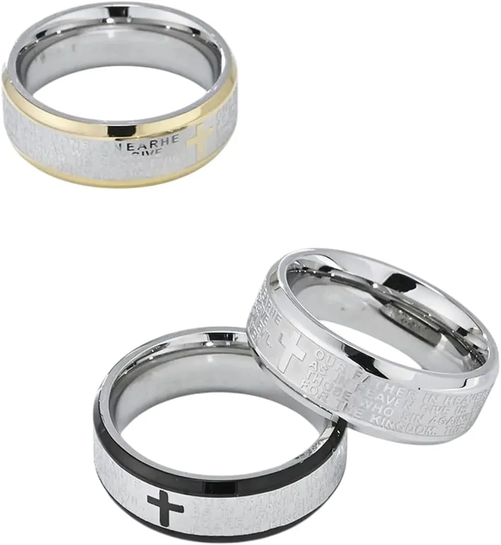 Classic Stainless Steel Cross Scripture Ring for Men Prayer Faith Hand Accessories Rings