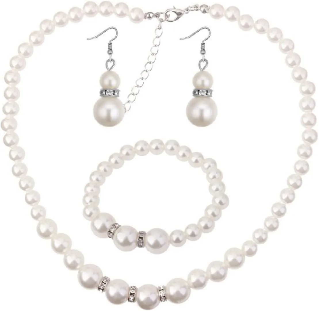 COLORFUL BLING 1920s Classic Faux Pearls Necklace Multi-Layer Strand Bracelet Dangle Earrings Set Beads Accessories Wedding Costume Party Jewelry for Women