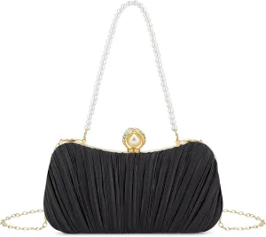 Comeon Clutch Purses for Women Satin Evening Handbags Pleated Party Clutch Bag Elegant Pearl Wedding Formal Purse with Chain