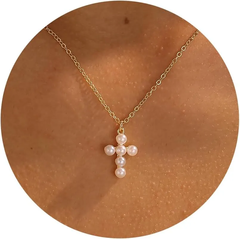 Cross Necklace for Women, 14k Gold Plated Dainty Necklace Cute Cubic Zirconia Cross Pendant Necklace for Women Simple Small Gold Pearl Cross Necklaces Gold Jewelry