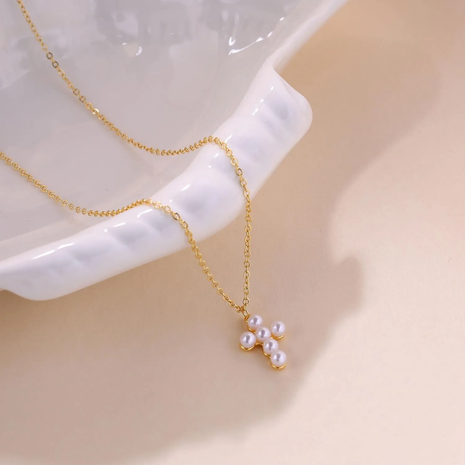 Cross Necklace for Women, 14k Gold Plated Dainty Necklace Cute Cubic Zirconia Cross Pendant Necklace for Women Simple Small Gold Pearl Cross Necklaces Gold Jewelry