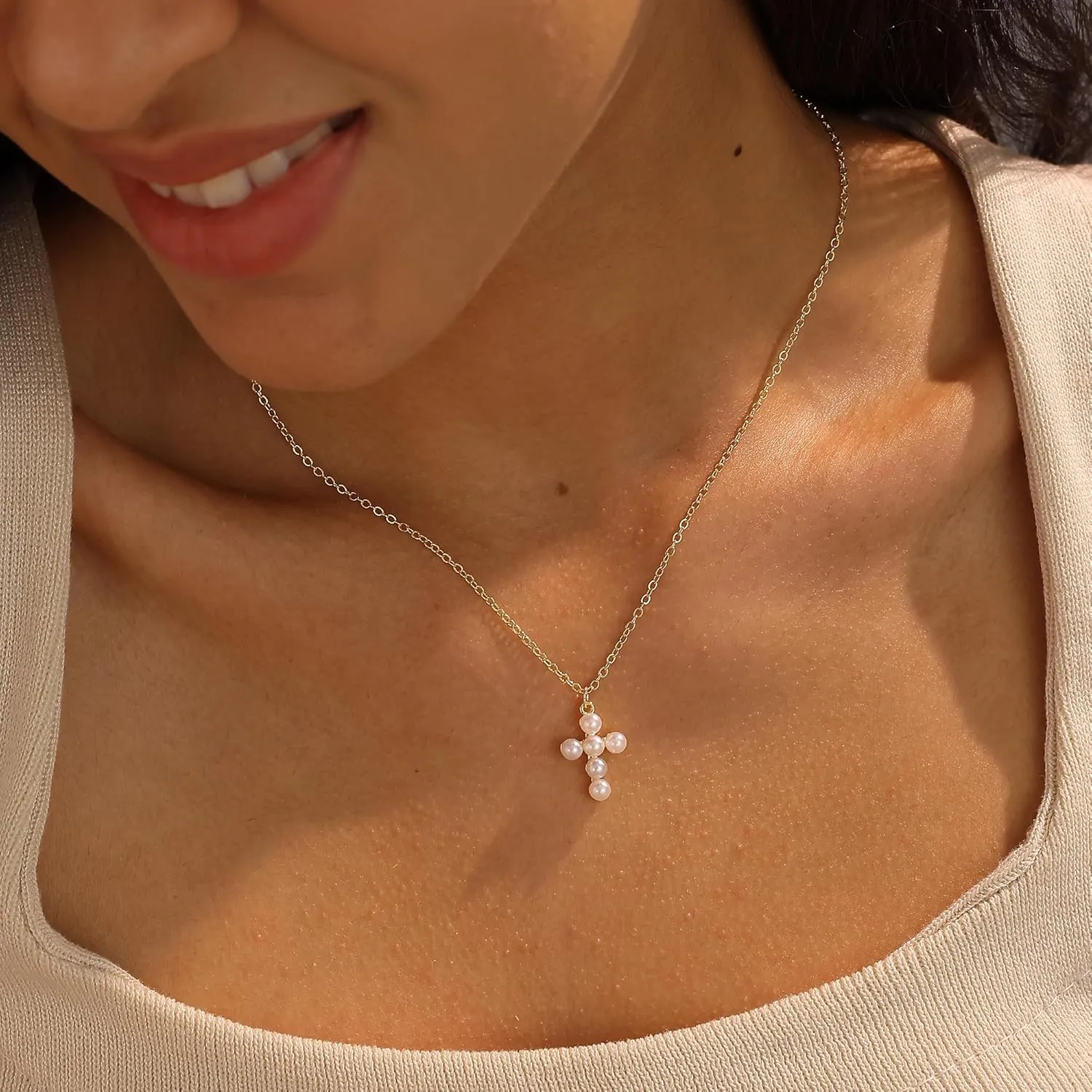 Cross Necklace for Women, 14k Gold Plated Dainty Necklace Cute Cubic Zirconia Cross Pendant Necklace for Women Simple Small Gold Pearl Cross Necklaces Gold Jewelry