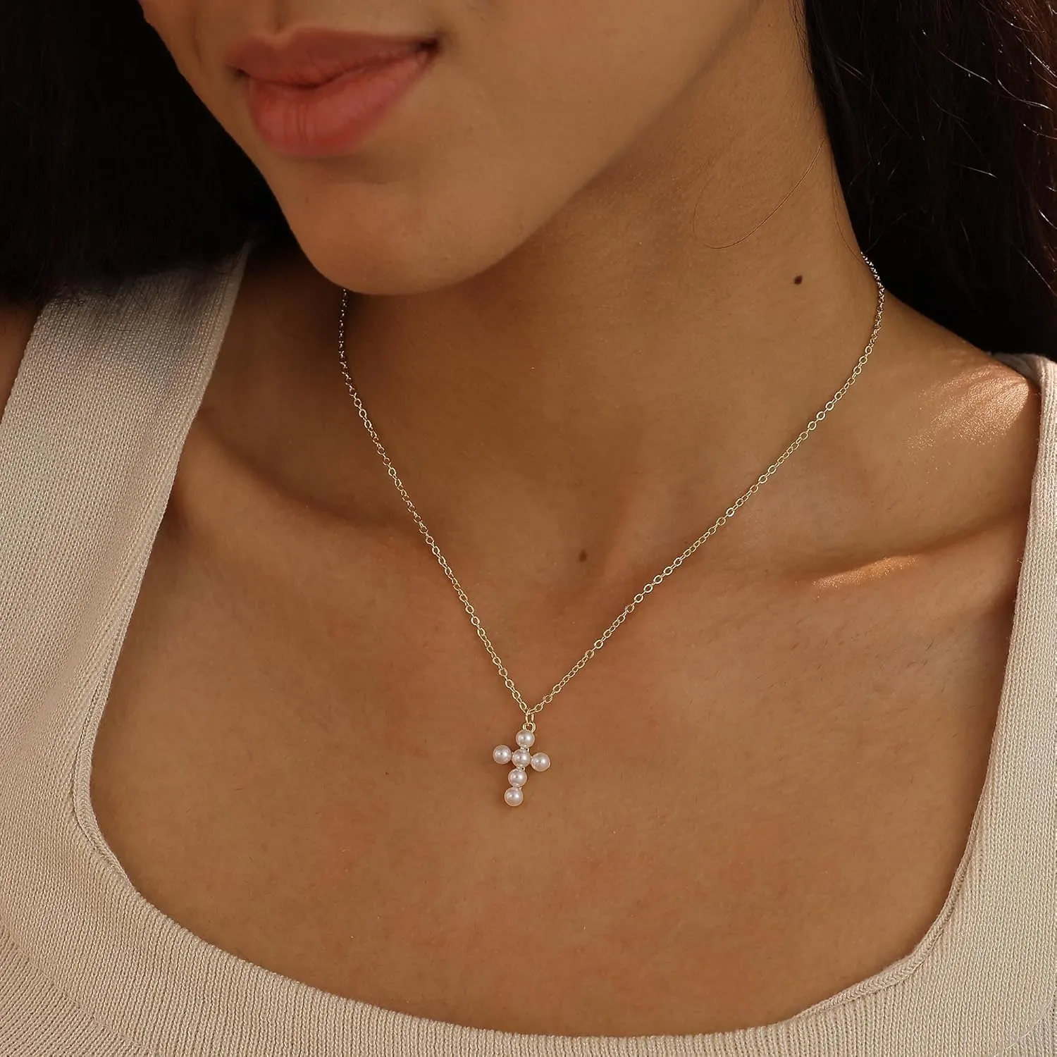 Cross Necklace for Women, 14k Gold Plated Dainty Necklace Cute Cubic Zirconia Cross Pendant Necklace for Women Simple Small Gold Pearl Cross Necklaces Gold Jewelry