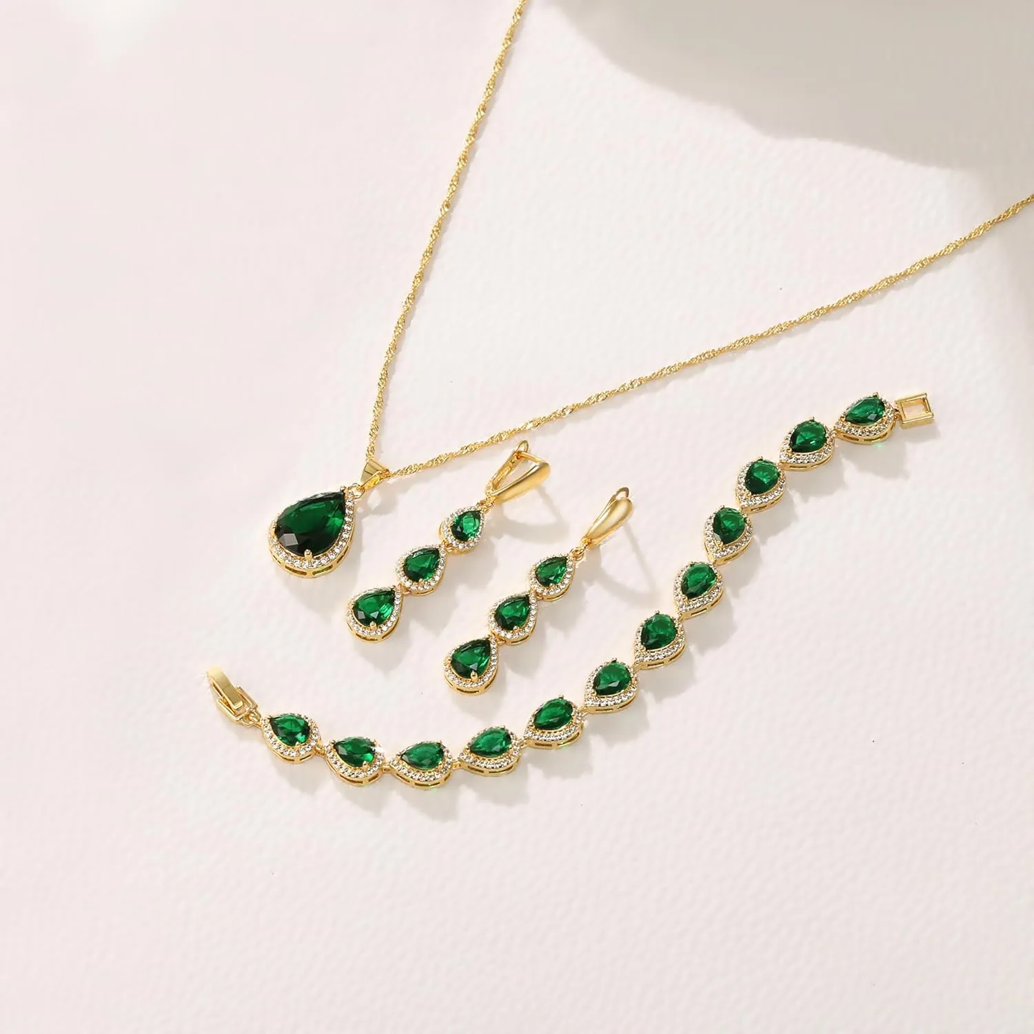 Crysdue Cubic Zirconia Teardrop Pendant Necklace Long Earrings Tennis Bracelet Set, Sparkle Classic Prom Wedding Jewelry Set for Women Brides Bridesmaid