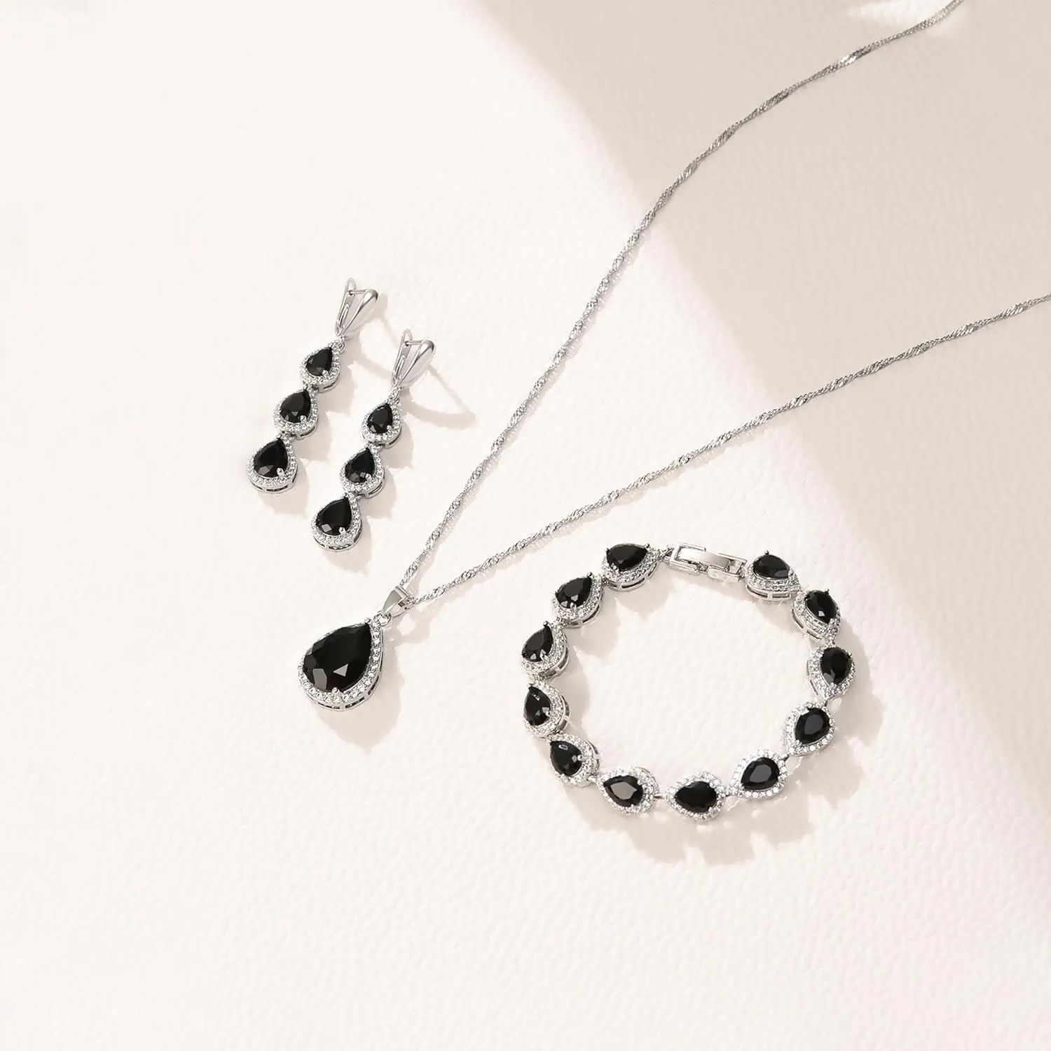 Crysdue Cubic Zirconia Teardrop Pendant Necklace Long Earrings Tennis Bracelet Set, Sparkle Classic Prom Wedding Jewelry Set for Women Brides Bridesmaid
