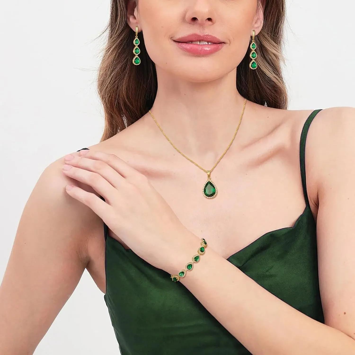 Crysdue Cubic Zirconia Teardrop Pendant Necklace Long Earrings Tennis Bracelet Set, Sparkle Classic Prom Wedding Jewelry Set for Women Brides Bridesmaid