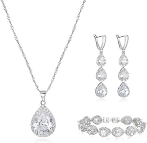 Crysdue Cubic Zirconia Teardrop Pendant Necklace Long Earrings Tennis Bracelet Set, Sparkle Classic Prom Wedding Jewelry Set for Women Brides Bridesmaid
