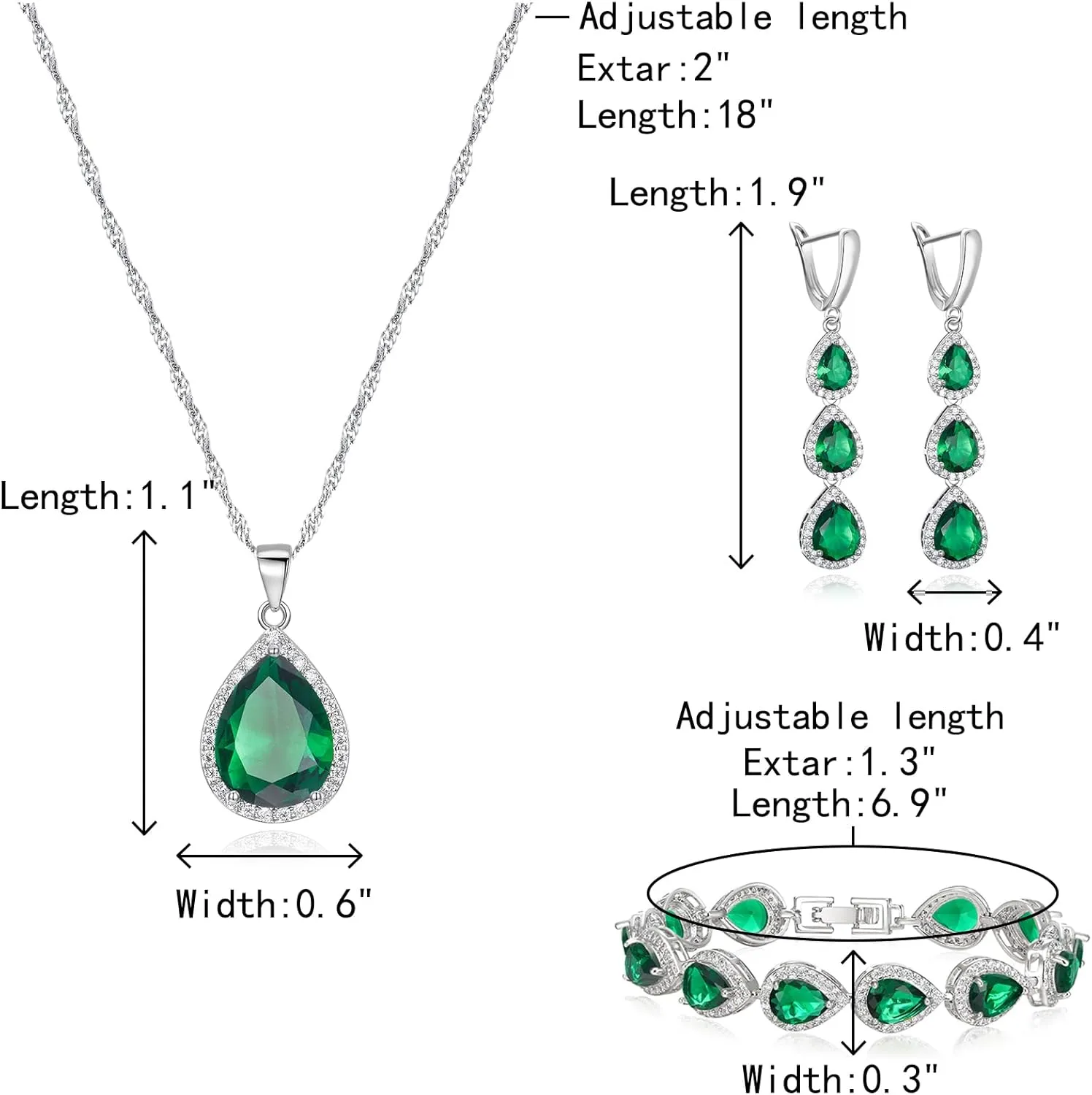 Crysdue Cubic Zirconia Teardrop Pendant Necklace Long Earrings Tennis Bracelet Set, Sparkle Classic Prom Wedding Jewelry Set for Women Brides Bridesmaid