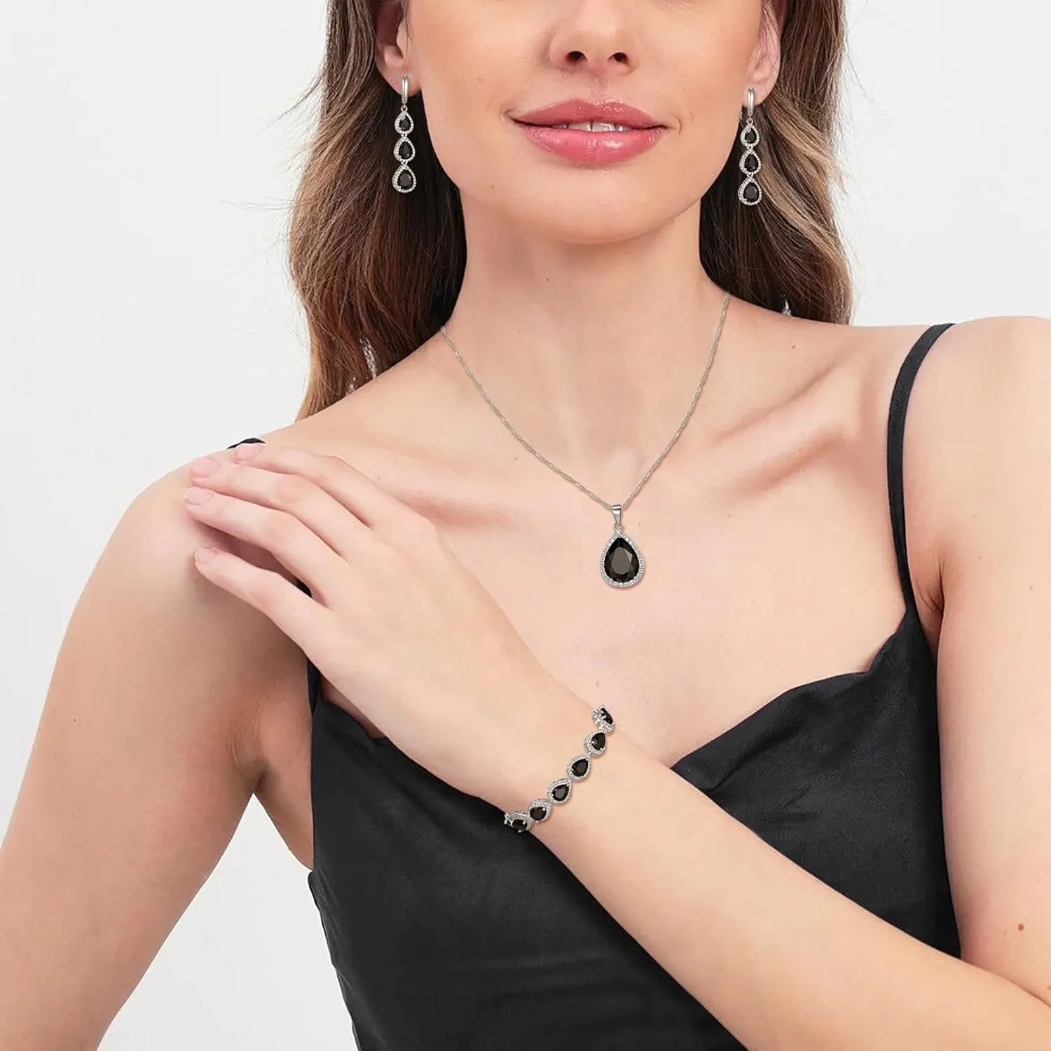 Crysdue Cubic Zirconia Teardrop Pendant Necklace Long Earrings Tennis Bracelet Set, Sparkle Classic Prom Wedding Jewelry Set for Women Brides Bridesmaid