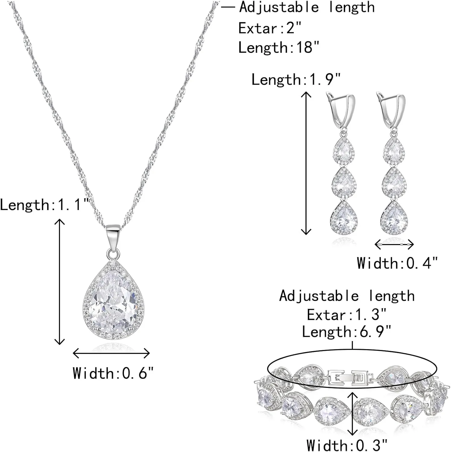 Crysdue Cubic Zirconia Teardrop Pendant Necklace Long Earrings Tennis Bracelet Set, Sparkle Classic Prom Wedding Jewelry Set for Women Brides Bridesmaid