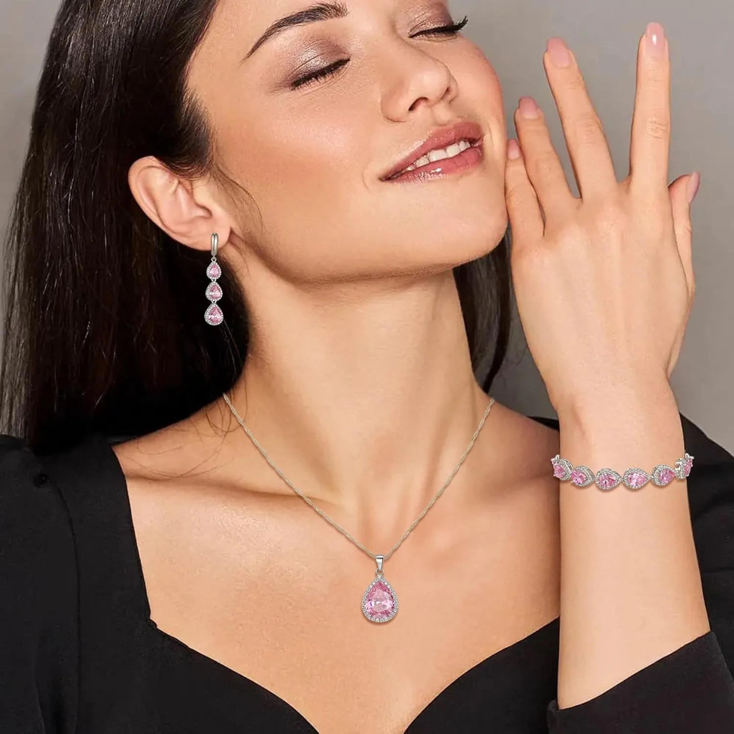 Crysdue Cubic Zirconia Teardrop Pendant Necklace Long Earrings Tennis Bracelet Set, Sparkle Classic Prom Wedding Jewelry Set for Women Brides Bridesmaid