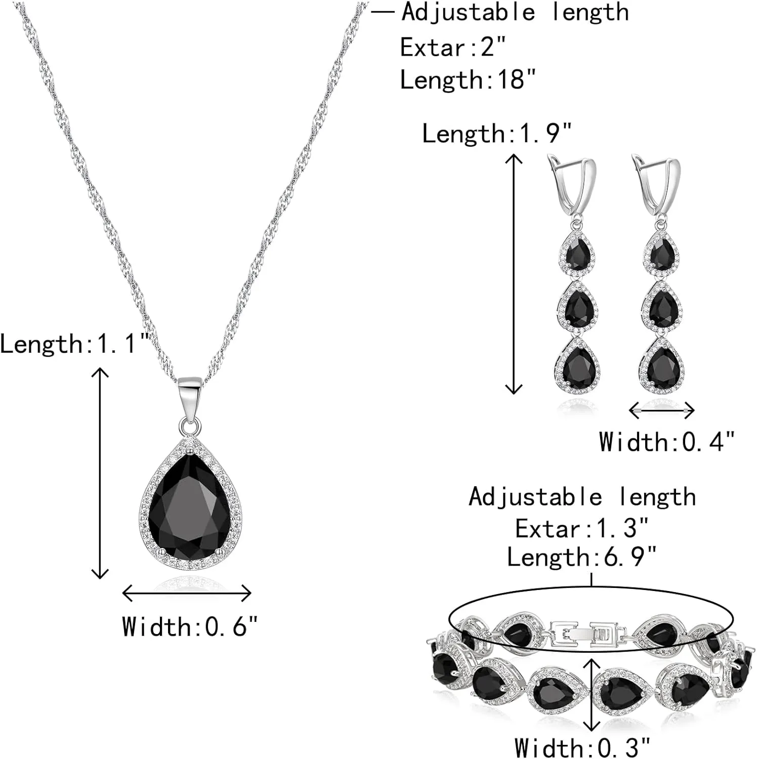 Crysdue Cubic Zirconia Teardrop Pendant Necklace Long Earrings Tennis Bracelet Set, Sparkle Classic Prom Wedding Jewelry Set for Women Brides Bridesmaid