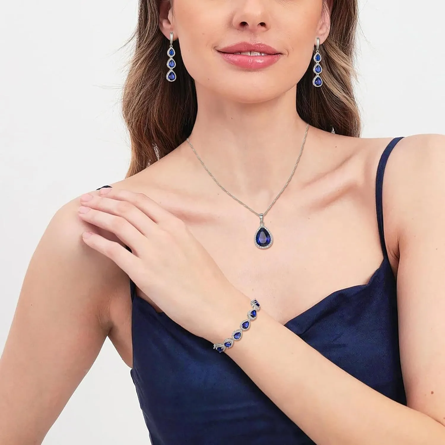 Crysdue Cubic Zirconia Teardrop Pendant Necklace Long Earrings Tennis Bracelet Set, Sparkle Classic Prom Wedding Jewelry Set for Women Brides Bridesmaid