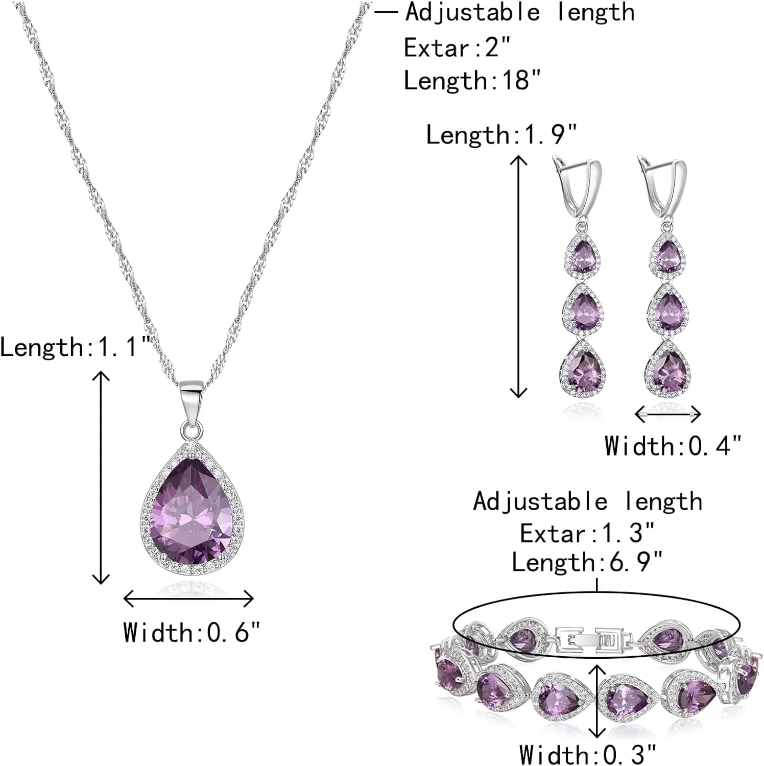 Crysdue Cubic Zirconia Teardrop Pendant Necklace Long Earrings Tennis Bracelet Set, Sparkle Classic Prom Wedding Jewelry Set for Women Brides Bridesmaid