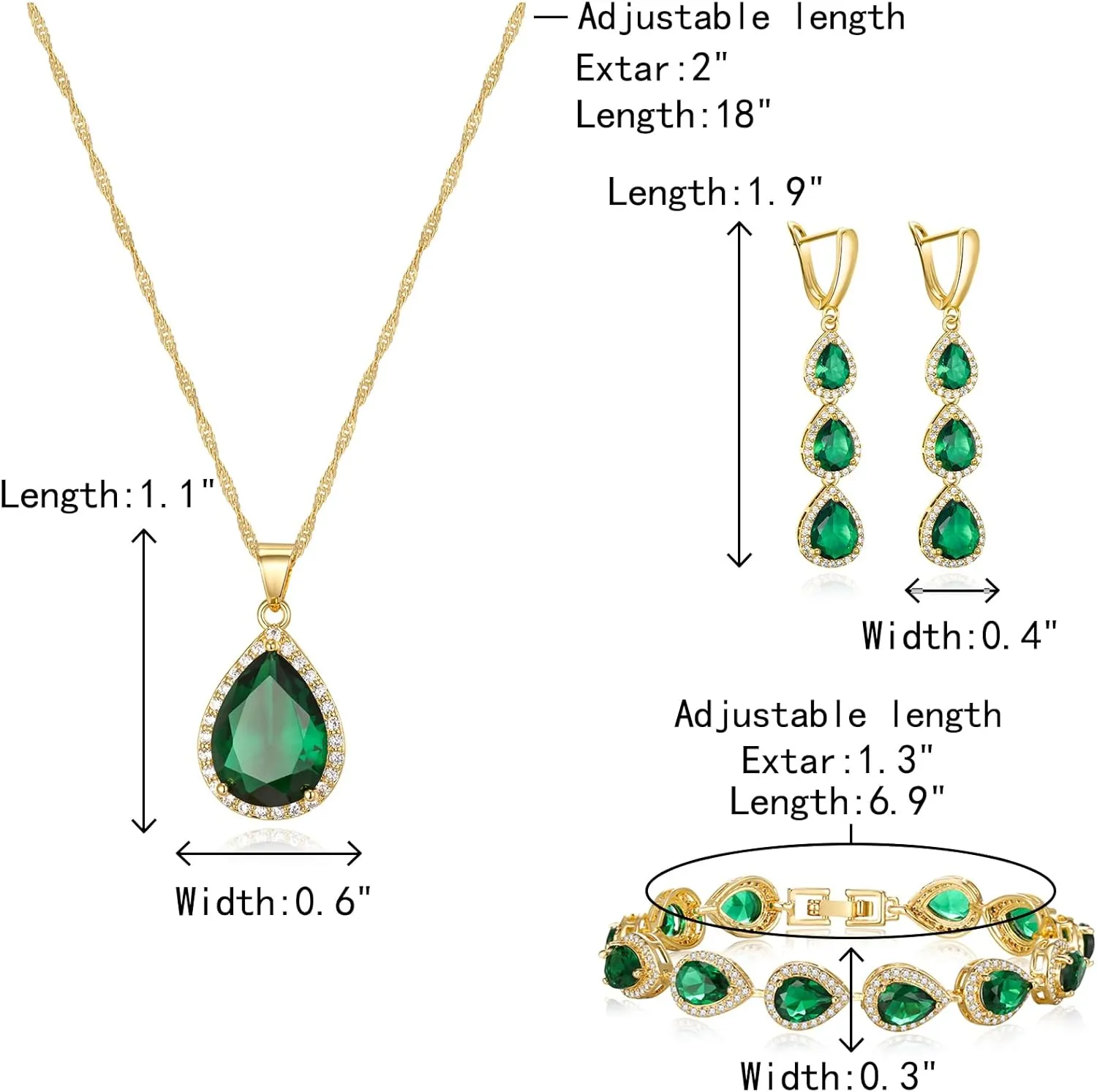 Crysdue Cubic Zirconia Teardrop Pendant Necklace Long Earrings Tennis Bracelet Set, Sparkle Classic Prom Wedding Jewelry Set for Women Brides Bridesmaid