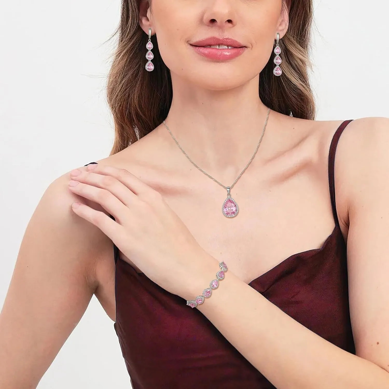 Crysdue Cubic Zirconia Teardrop Pendant Necklace Long Earrings Tennis Bracelet Set, Sparkle Classic Prom Wedding Jewelry Set for Women Brides Bridesmaid