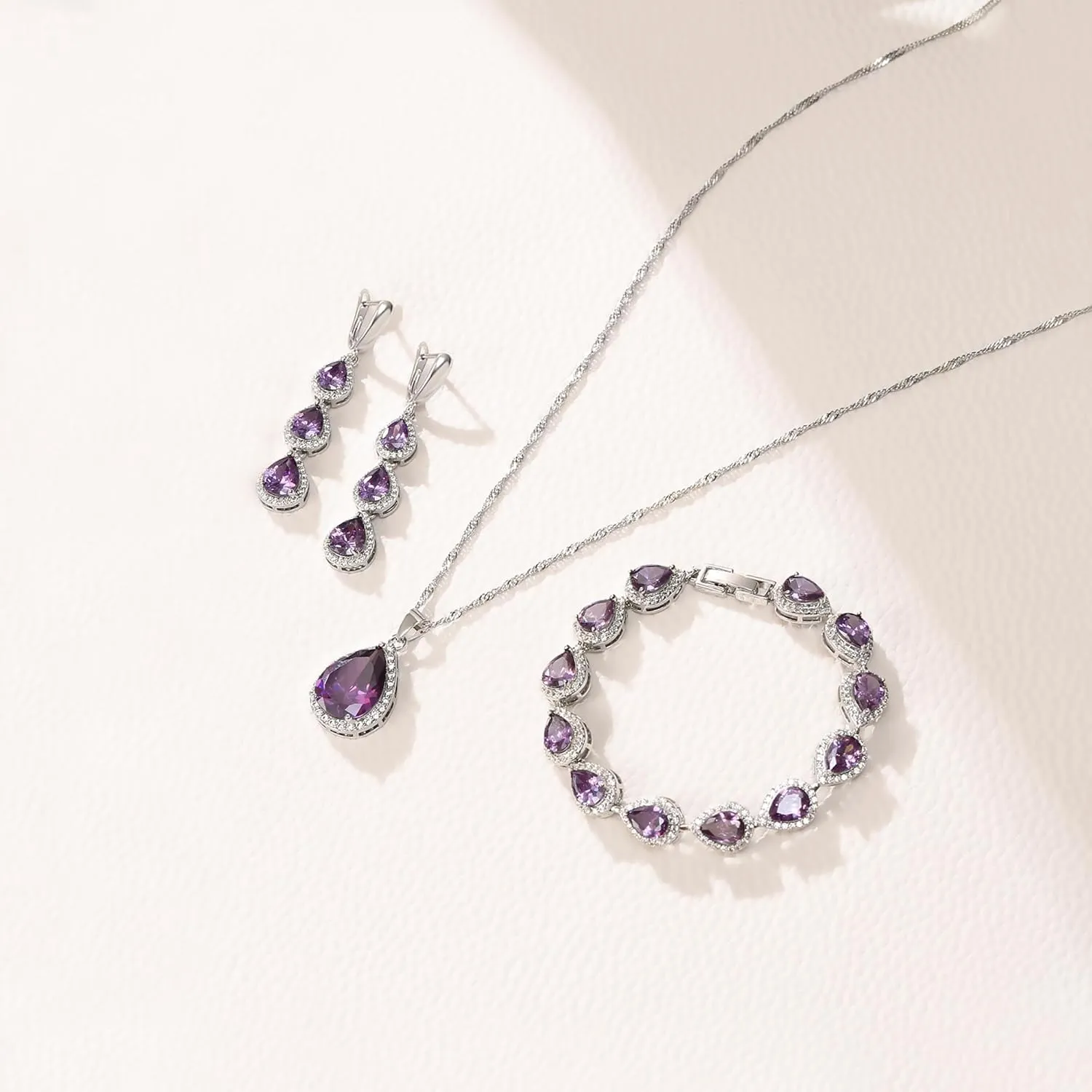 Crysdue Cubic Zirconia Teardrop Pendant Necklace Long Earrings Tennis Bracelet Set, Sparkle Classic Prom Wedding Jewelry Set for Women Brides Bridesmaid