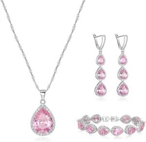 Crysdue Cubic Zirconia Teardrop Pendant Necklace Long Earrings Tennis Bracelet Set, Sparkle Classic Prom Wedding Jewelry Set for Women Brides Bridesmaid