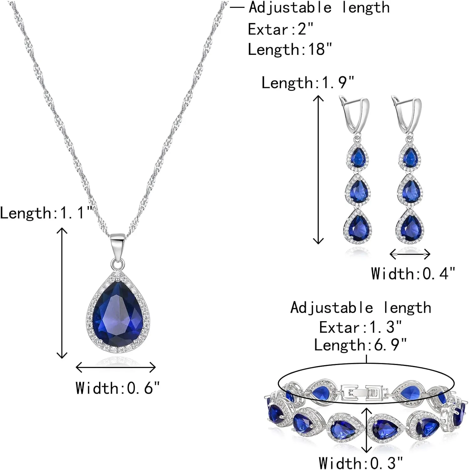 Crysdue Cubic Zirconia Teardrop Pendant Necklace Long Earrings Tennis Bracelet Set, Sparkle Classic Prom Wedding Jewelry Set for Women Brides Bridesmaid