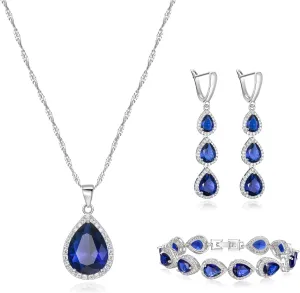 Crysdue Cubic Zirconia Teardrop Pendant Necklace Long Earrings Tennis Bracelet Set, Sparkle Classic Prom Wedding Jewelry Set for Women Brides Bridesmaid