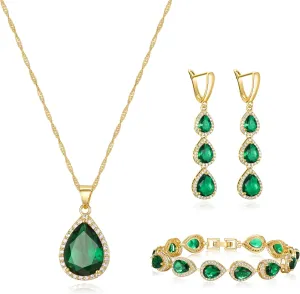 Crysdue Cubic Zirconia Teardrop Pendant Necklace Long Earrings Tennis Bracelet Set, Sparkle Classic Prom Wedding Jewelry Set for Women Brides Bridesmaid