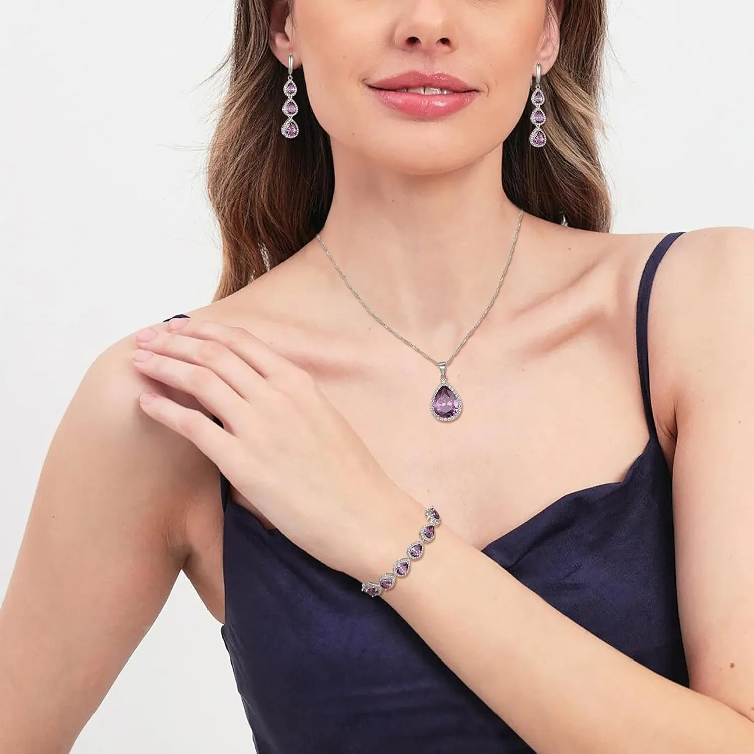Crysdue Cubic Zirconia Teardrop Pendant Necklace Long Earrings Tennis Bracelet Set, Sparkle Classic Prom Wedding Jewelry Set for Women Brides Bridesmaid