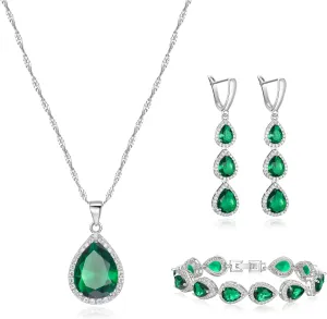 Crysdue Cubic Zirconia Teardrop Pendant Necklace Long Earrings Tennis Bracelet Set, Sparkle Classic Prom Wedding Jewelry Set for Women Brides Bridesmaid