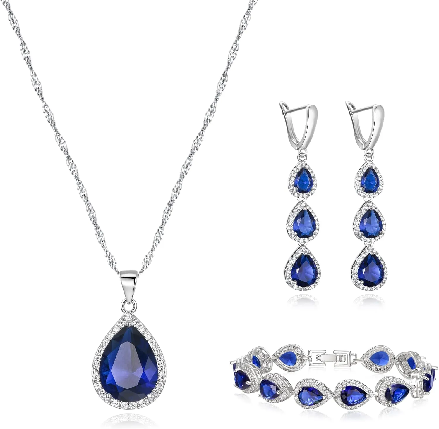 Crysdue Cubic Zirconia Teardrop Pendant Necklace Long Earrings Tennis Bracelet Set, Sparkle Classic Prom Wedding Jewelry Set for Women Brides Bridesmaid