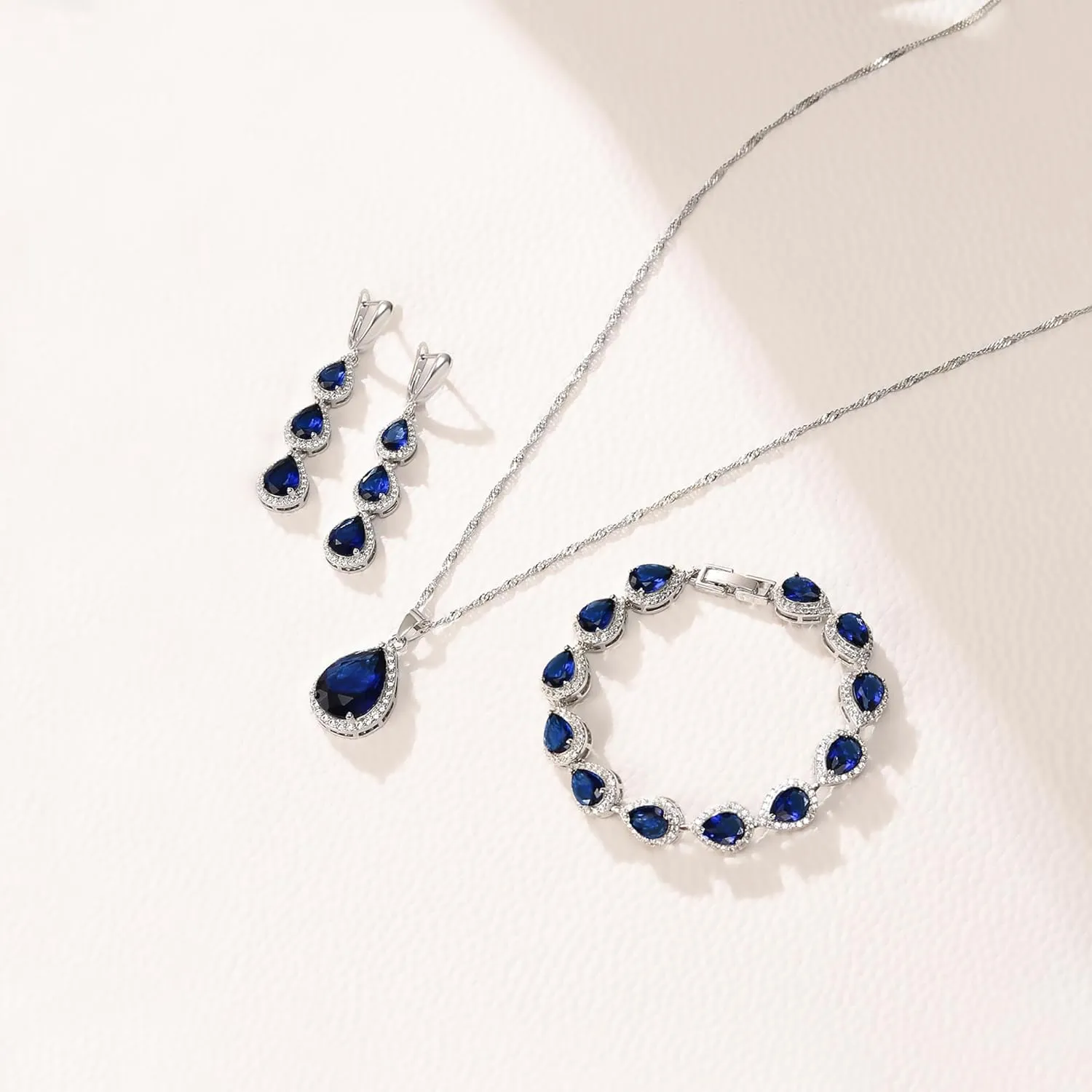 Crysdue Cubic Zirconia Teardrop Pendant Necklace Long Earrings Tennis Bracelet Set, Sparkle Classic Prom Wedding Jewelry Set for Women Brides Bridesmaid