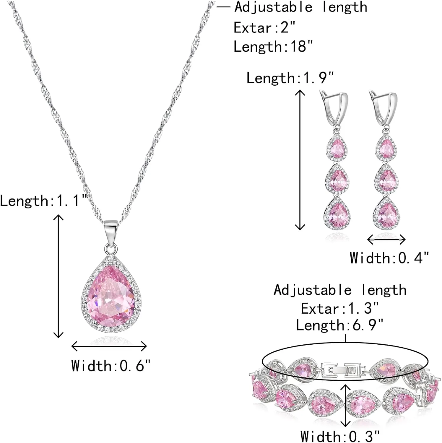 Crysdue Cubic Zirconia Teardrop Pendant Necklace Long Earrings Tennis Bracelet Set, Sparkle Classic Prom Wedding Jewelry Set for Women Brides Bridesmaid
