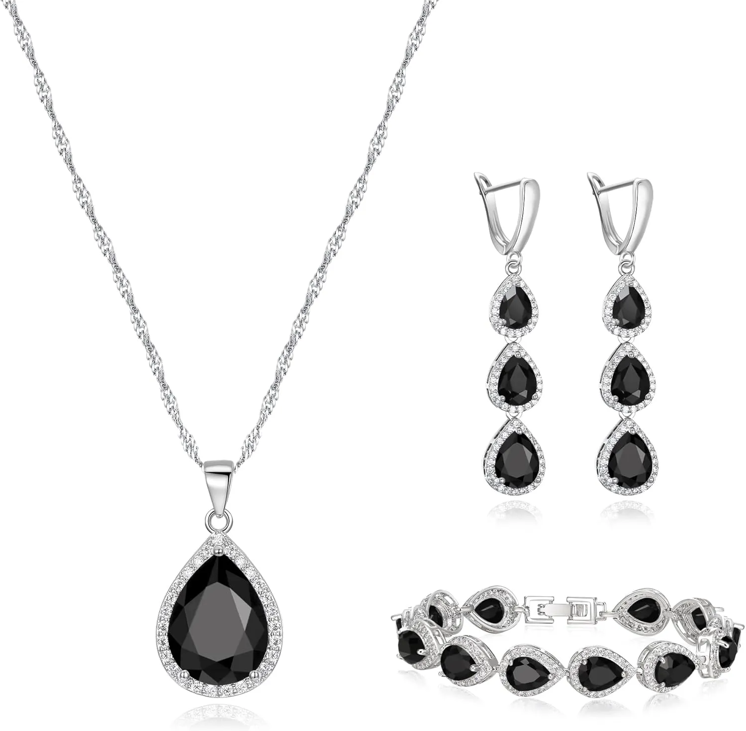 Crysdue Cubic Zirconia Teardrop Pendant Necklace Long Earrings Tennis Bracelet Set, Sparkle Classic Prom Wedding Jewelry Set for Women Brides Bridesmaid
