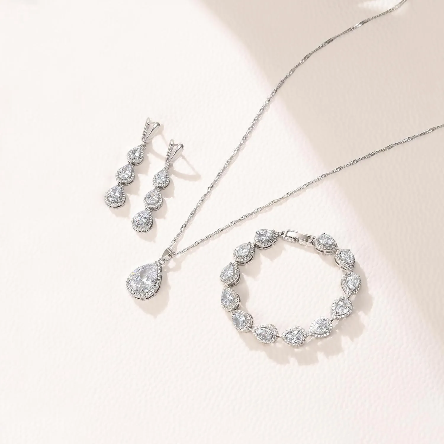Crysdue Cubic Zirconia Teardrop Pendant Necklace Long Earrings Tennis Bracelet Set, Sparkle Classic Prom Wedding Jewelry Set for Women Brides Bridesmaid