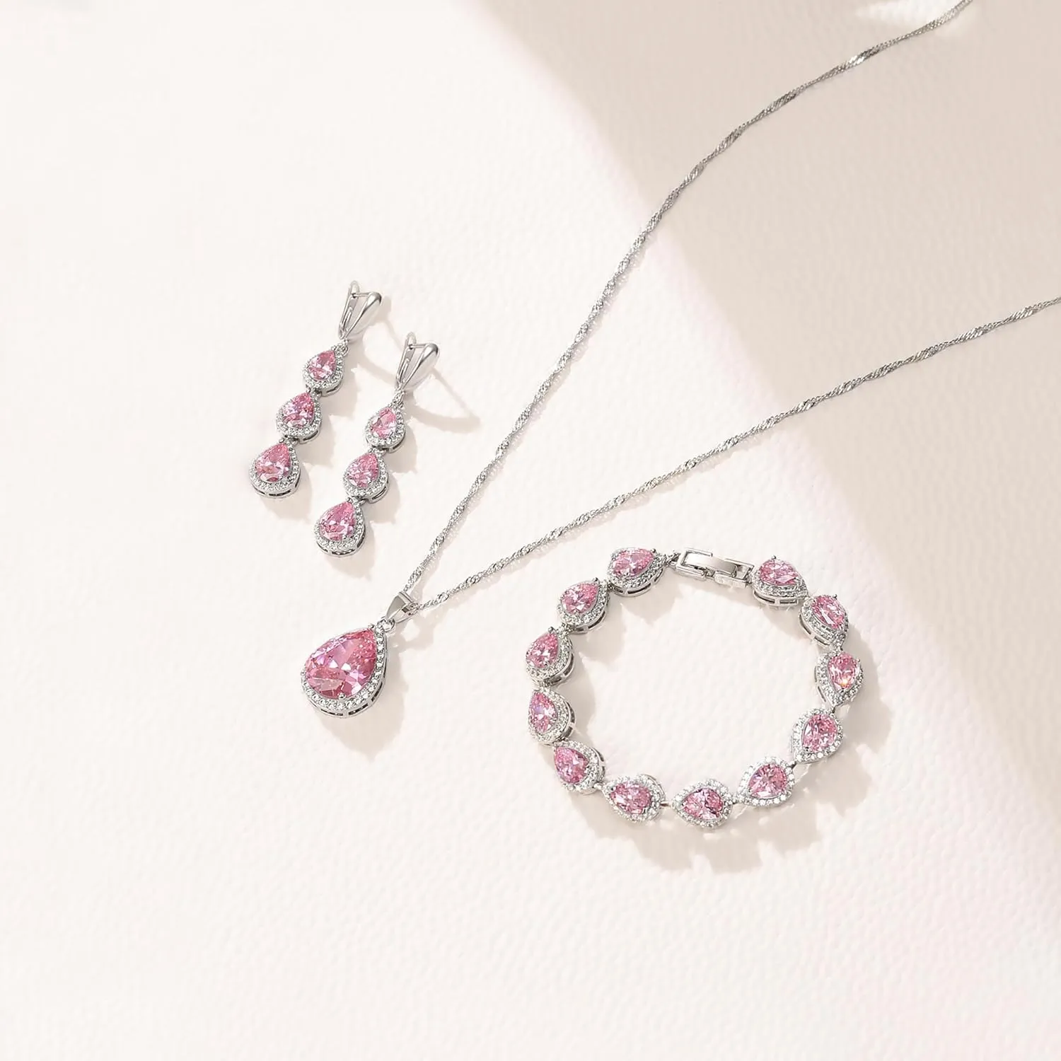 Crysdue Cubic Zirconia Teardrop Pendant Necklace Long Earrings Tennis Bracelet Set, Sparkle Classic Prom Wedding Jewelry Set for Women Brides Bridesmaid
