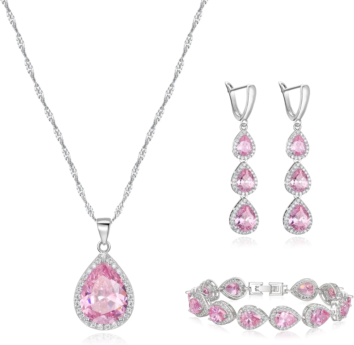 Crysdue Cubic Zirconia Teardrop Pendant Necklace Long Earrings Tennis Bracelet Set, Sparkle Classic Prom Wedding Jewelry Set for Women Brides Bridesmaid