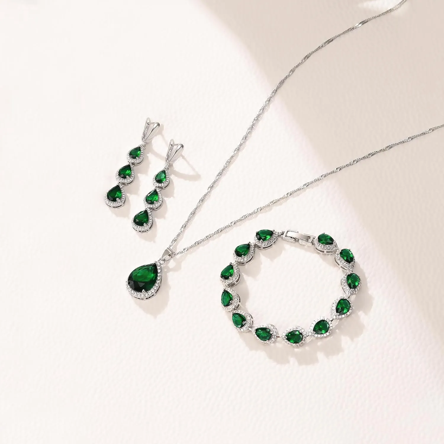 Crysdue Cubic Zirconia Teardrop Pendant Necklace Long Earrings Tennis Bracelet Set, Sparkle Classic Prom Wedding Jewelry Set for Women Brides Bridesmaid